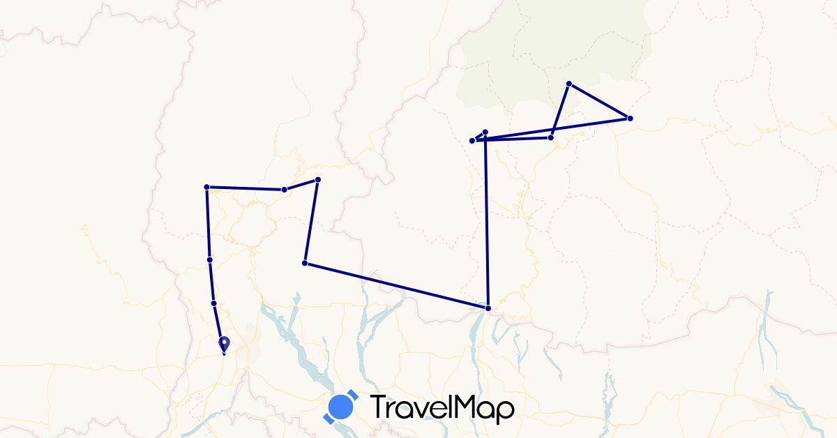 TravelMap itinerary: driving in Bhutan, India (Asia)